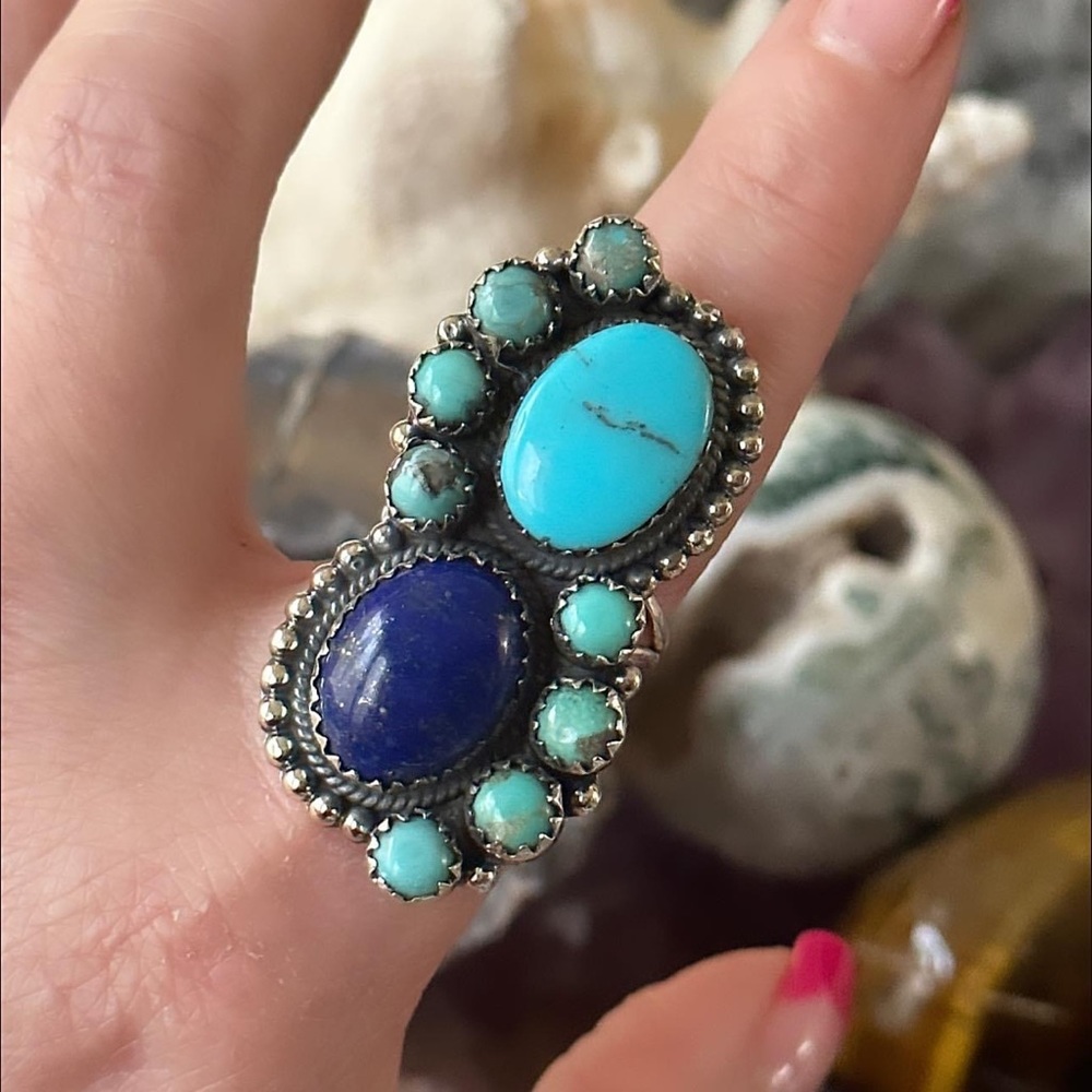 Turquoise Lapis Statement Sterling Silver Ring - image 4